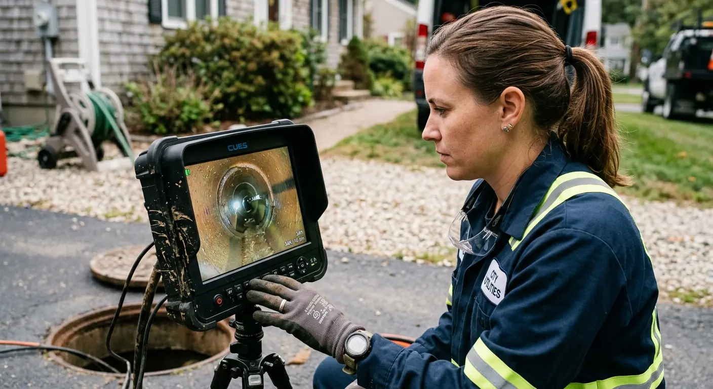 Technician reviewing sewer camera inspection footage in Cedarburg