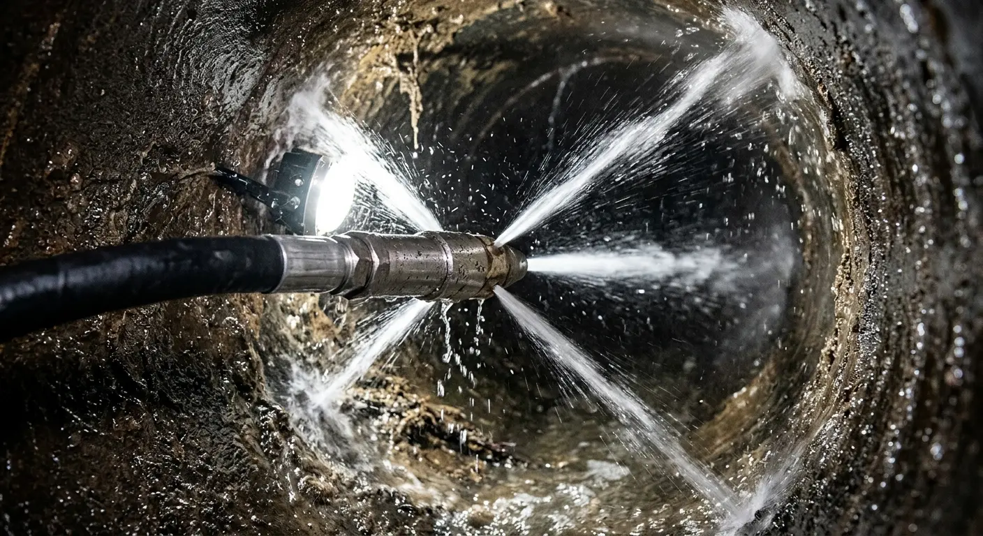 High-pressure hydro jetting nozzle cleaning sewer pipe for Emergency Drain Service in Cedarburg