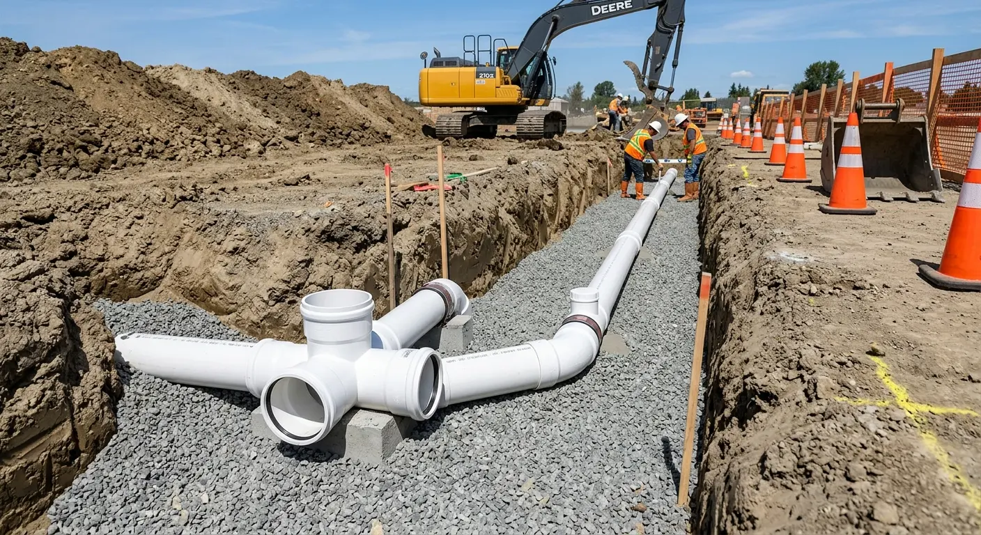 New PVC sewer pipe installation in open trench for Sewer Backup in Cedarburg