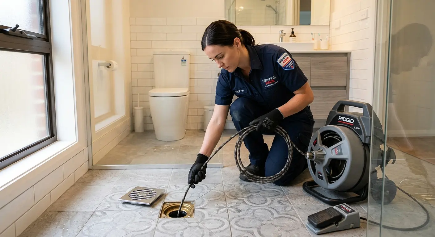 Technician clearing a bathroom floor drain for Sewer Line Replacement in Cedarburg